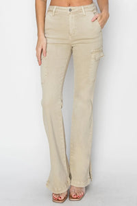 RISEN Full Size High Rise Side Slit Cargo Bootcut Jeans - Brittney MADE