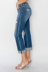 RISEN Full Size Cuffed Ankle Distressed Straight Jeans - Brittney MADE