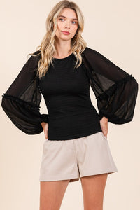 Mittoshop Mixed Media Textured Knit Chiffon Long Sleeve Top - Brittney MADE