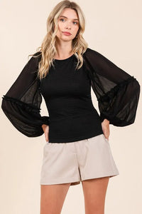 Mittoshop Mixed Media Textured Knit Chiffon Long Sleeve Top - Brittney MADE