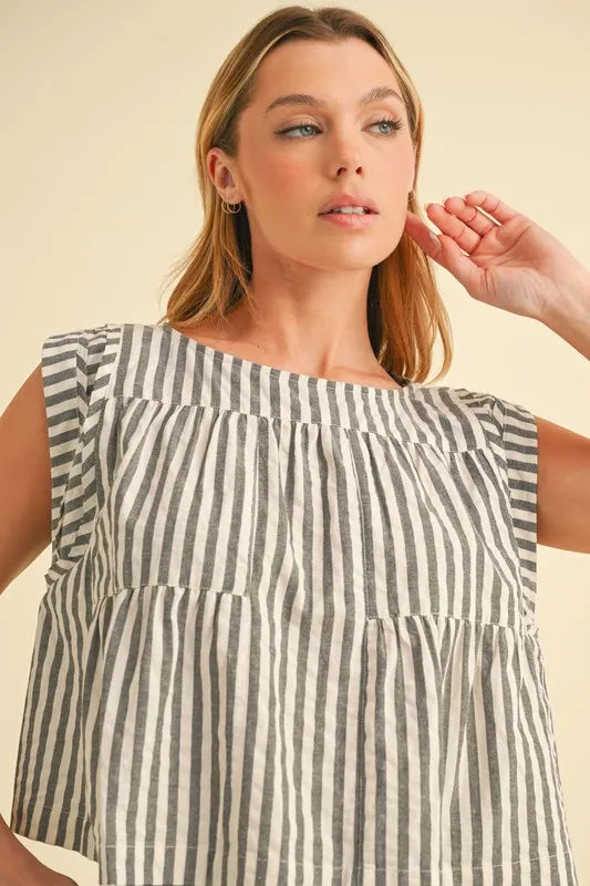 Aemi+Co Ruched Striped Round Neck Sleeveless Top - Brittney MADE