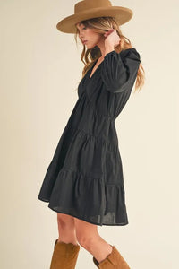 Aemi + Co Notched Balloon Sleeve Tiered Mini Dress - Brittney MADE