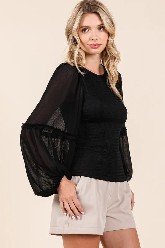 Mittoshop Mixed Media Textured Knit Chiffon Long Sleeve Top - Brittney MADE