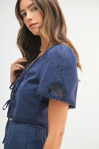 MABLE Crochet Lace Detail Crop Top and Shorts Set - Brittney MADE