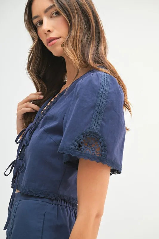 MABLE Crochet Lace Detail Crop Top and Shorts Set - Brittney MADE