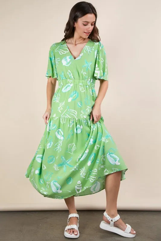 VERY J Printed V-Neck Resort Midi Dress - Brittney MADE