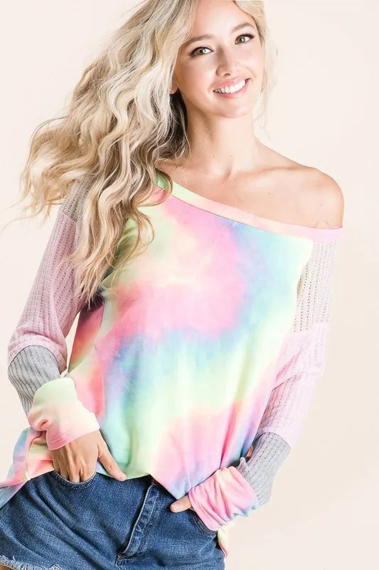 BiBi Tie Dye Terry Top with Color Block Pointelle Knit - Brittney MADE