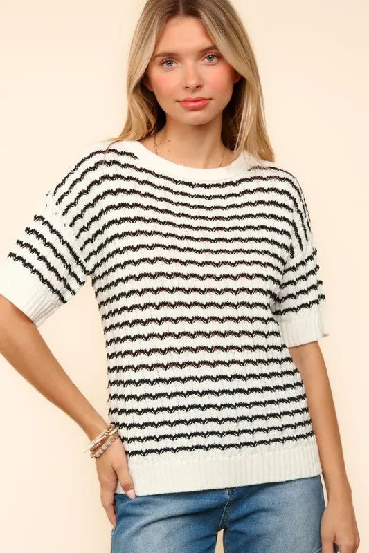 Haptics Openwork Striped Round Neck Half Sleeve Knit Top - Brittney MADE