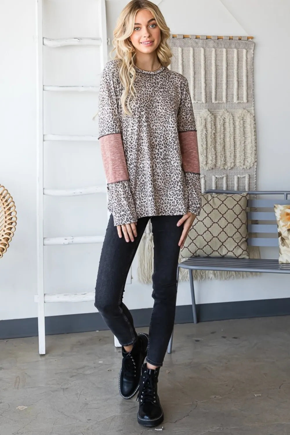 Heimish Full Size Leopard Exposed Seam Contrast T-Shirt - Brittney MADE