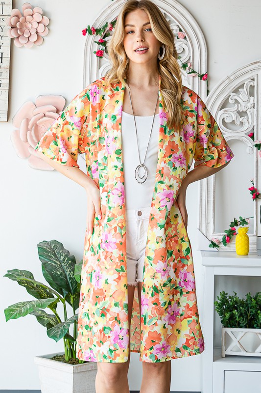 Heimish Full Size Half Sleeve Multi Color Floral Open Cardigan Plus Size - Brittney MADE