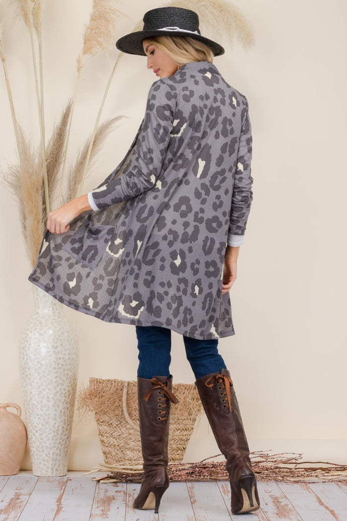 Celeste Full Size Leopard Open Front Contrast Cardigan - Brittney MADE