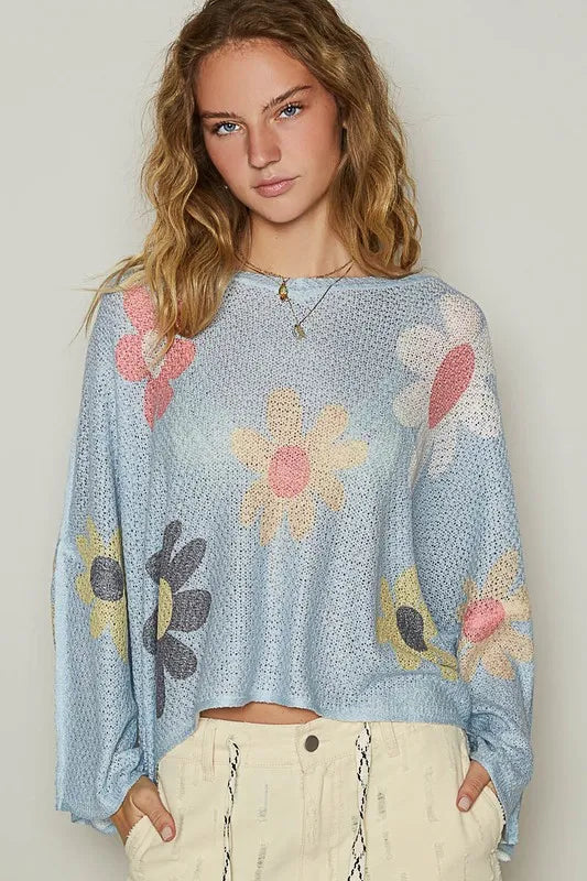 POL Flower Dropped Shoulder Long Sleeve Knit Top - Brittney MADE