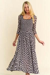 Davi & Dani Printed Checker Mesh Flowy Maxi Dress - Brittney MADE