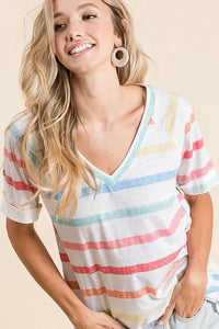 BiBi Striped V-Neck Short Sleeve T-Shirt - Brittney MADE