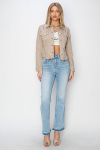 RISEN Full Size Raw Hem Button Up Cropped Denim Jacket Plus Size - Brittney MADE