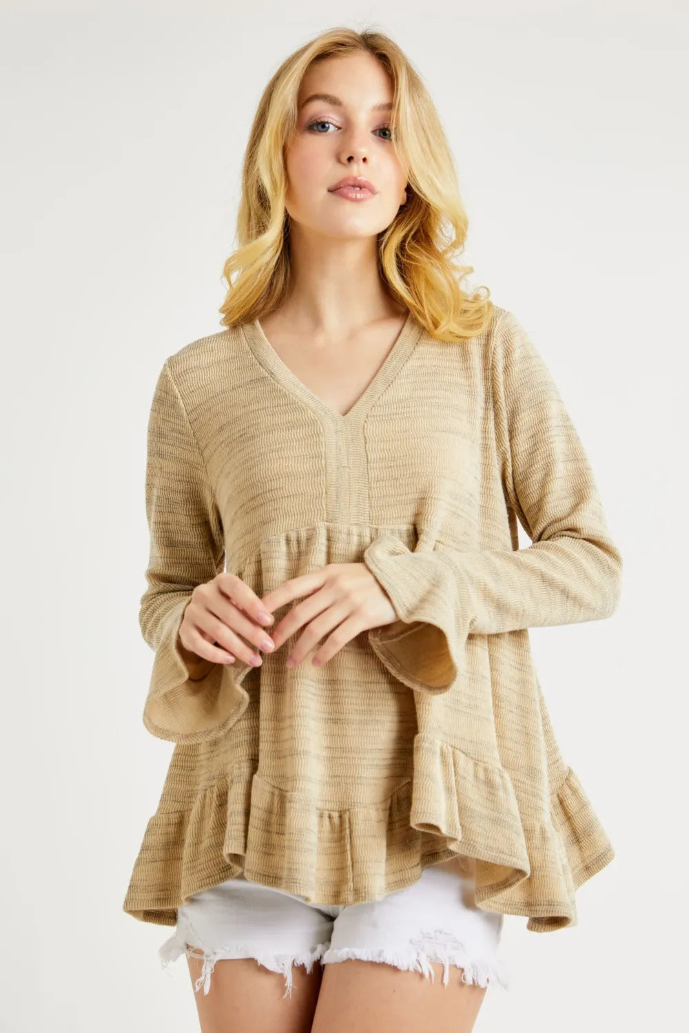 Hailey & Co V-Neck Flounce Sleeve Knit Top - Brittney MADE