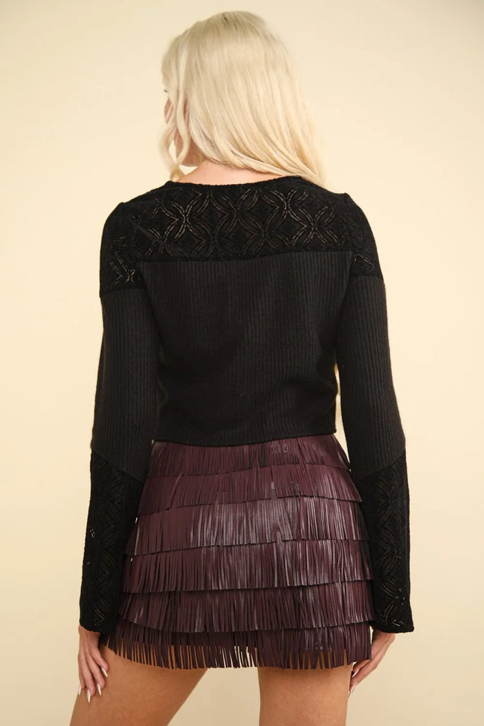 VERY J V-Neck Lace Detail Button Down Crop Ribbed Knit Top - Brittney MADE