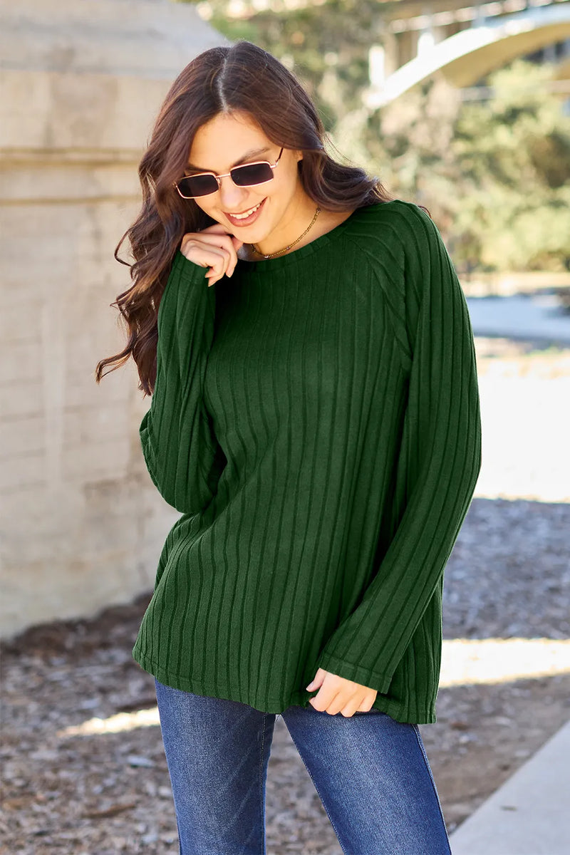 Basic Bae Full Size Ribbed Round Neck Long Sleeve Knit Top - Brittney MADE