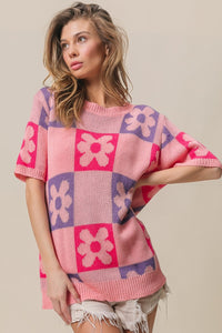 BiBi Flower Checker Pattern Short Sleeve Sweater - Brittney MADE