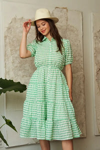 Davi & Dani Checkered Puff Sleeve Tiered Shirt Dress - Brittney MADE