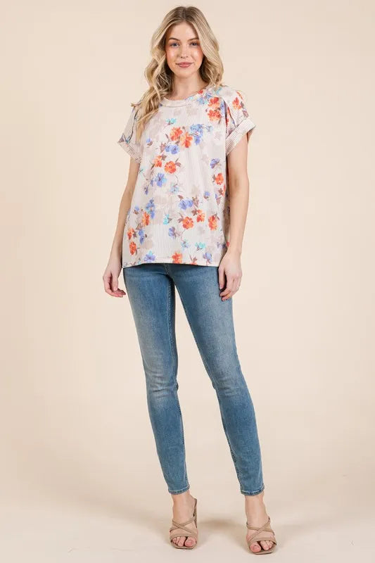 BOMBOM Floral Round Neck RIbbed T-Shirt - Brittney MADE