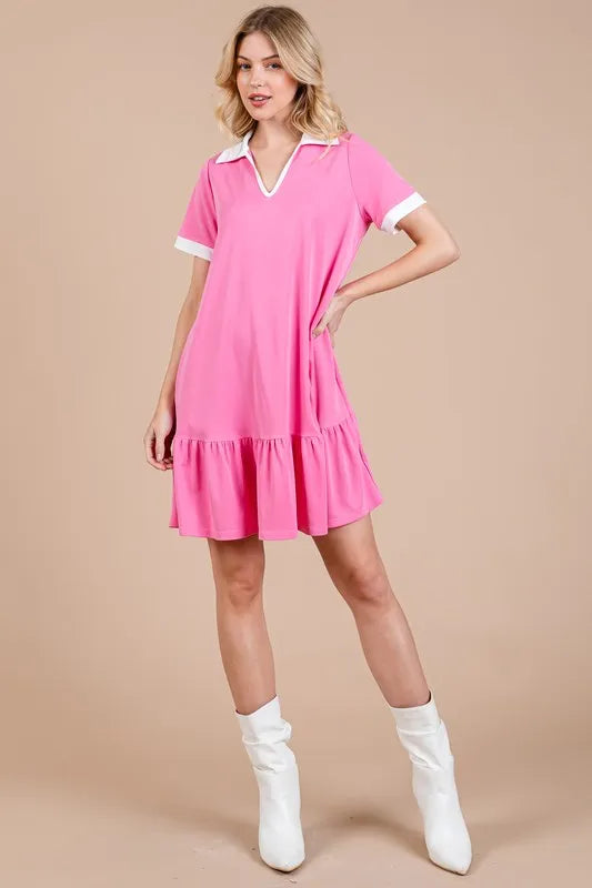Ces Femme Ruffled Hem Johnny Collar Short Sleeve Dress - Brittney MADE
