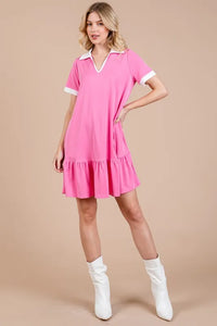 Ces Femme Ruffled Hem Johnny Collar Short Sleeve Dress - Brittney MADE