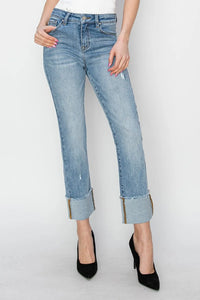 RISEN Full Size High Rise Cuffed Slim Straight Jeans - Brittney MADE