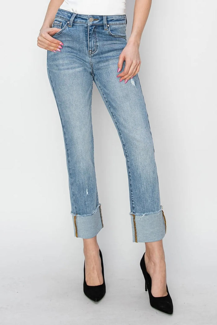 RISEN Full Size High Rise Cuffed Slim Straight Jeans - Brittney MADE