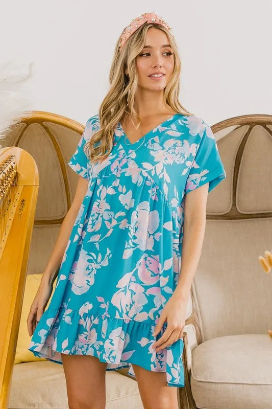BiBi Floral Crinkle Shirred Ruffle Detail V Neck Dress - Brittney MADE