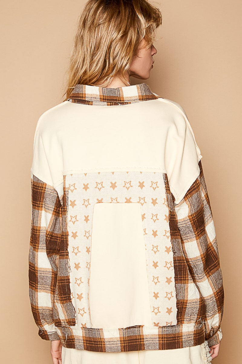 POL Plaid & Star Patchwork Contrast Long Sleeve Shacket - Brittney MADE
