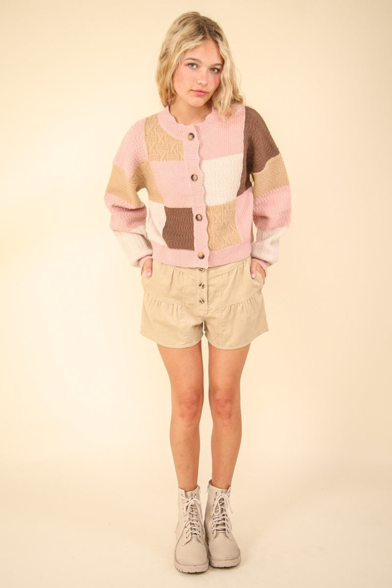 VERY J Color Block Button Down Textured Sweater Cardigan - Brittney MADE