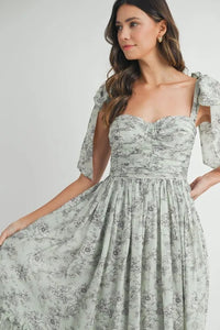 MABLE Floral Bust Ruched Midi Dress with Shoulder Tie - Brittney MADE