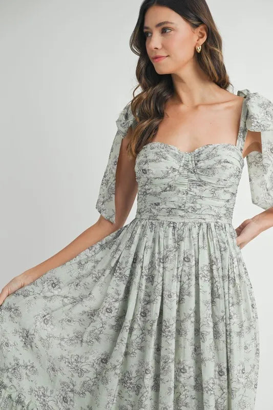 MABLE Floral Bust Ruched Midi Dress with Shoulder Tie - Brittney MADE