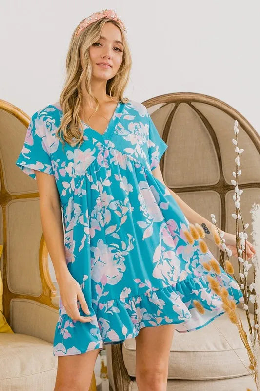 BiBi Floral Crinkle Shirred Ruffle Detail V Neck Dress - Brittney MADE