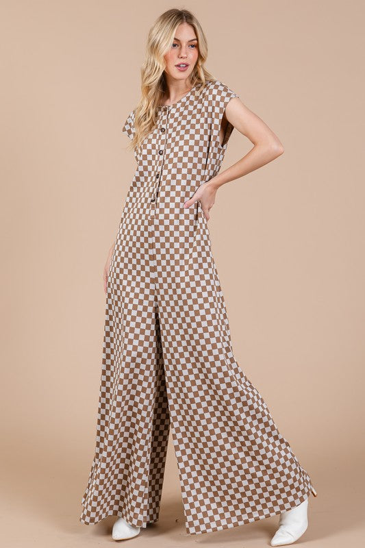 Ces Femme Checkered Half Button Cap Sleeve Jumpsuit - Brittney MADE