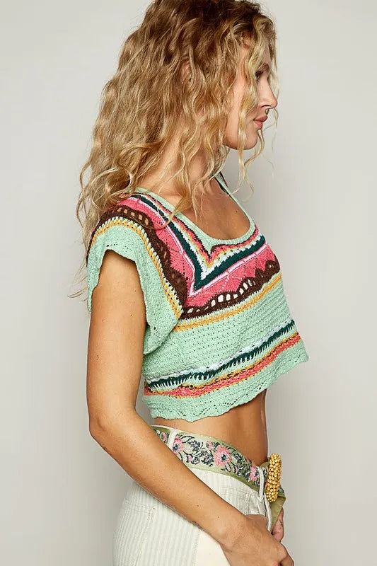 POL Openwork Ethnic Pattern Square Neck Cropped Knit Top - Brittney MADE