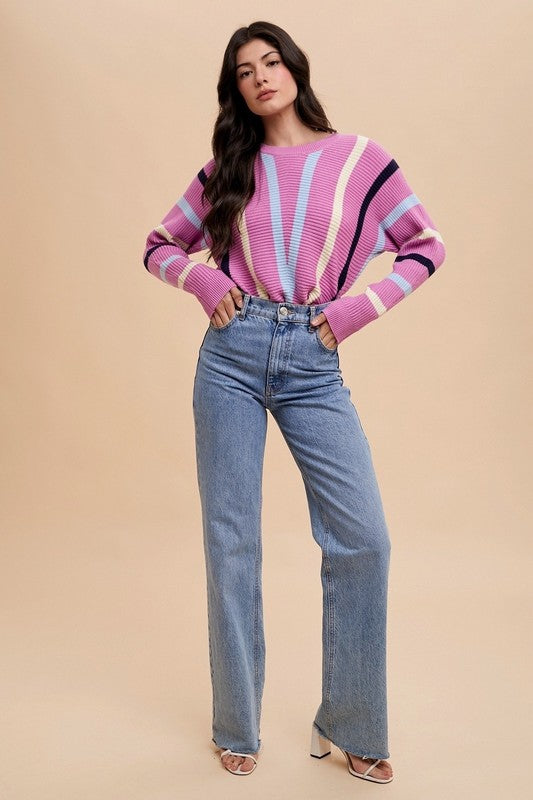 Annie Wear Chevron Stripe Round Neck Ribbed Sweater - Brittney MADE