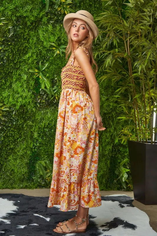 Davi & Dani Multi Smocked Bodice Geo Ruffle Strappy Midi Dress - Brittney MADE