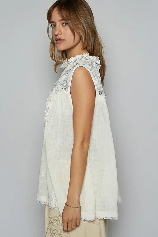 POL Lace Detail Floral Sleeveless Rayon Gauze Top - Brittney MADE