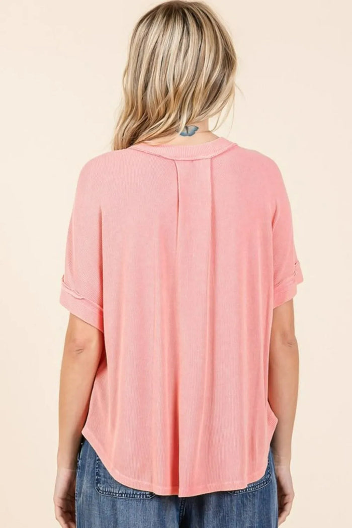 Mittoshop Mineral Wash Henley Short Sleeve Waffle Knit Top - Brittney MADE