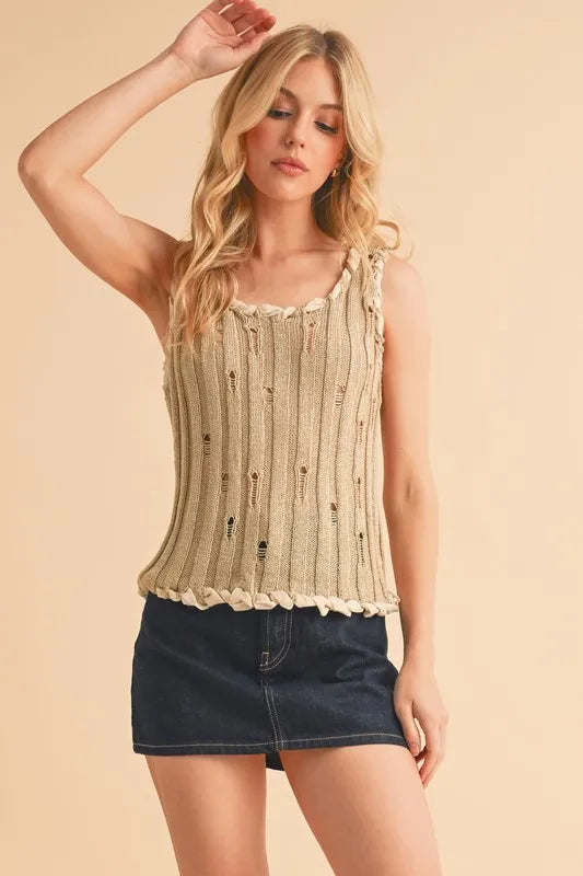 Aemi+Co Distressed Detail Round Neck Knit Tank - Brittney MADE