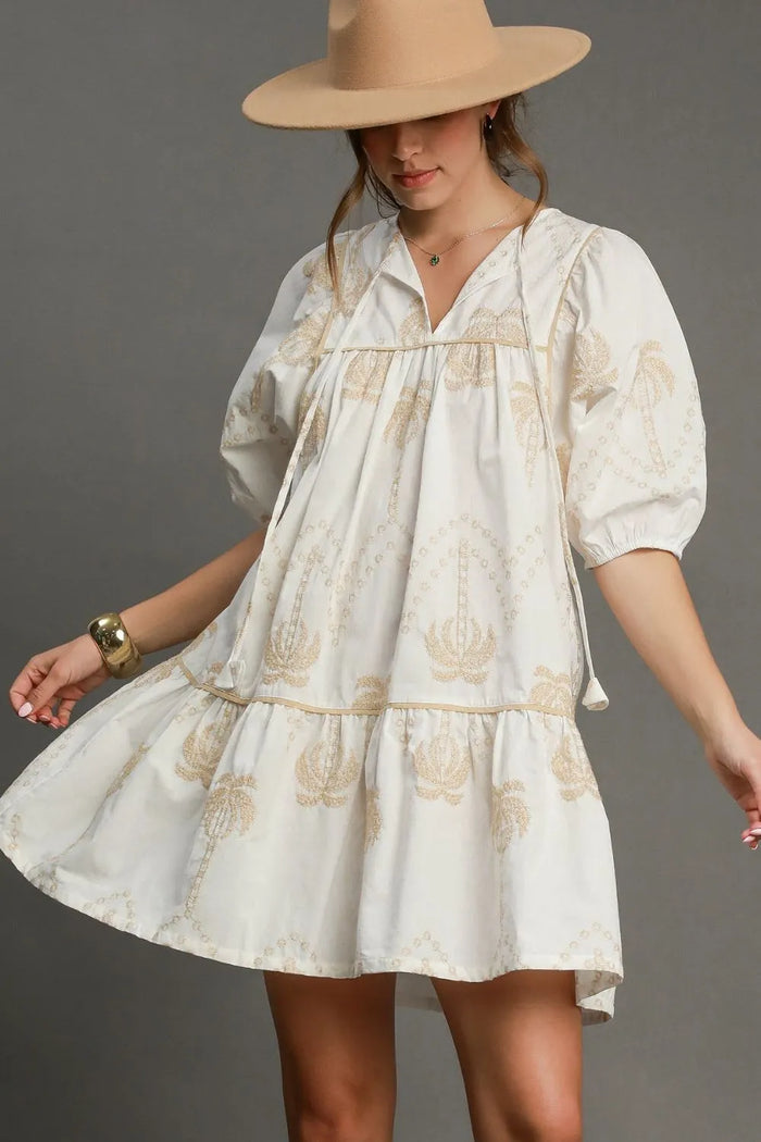 Umgee Full Size Embroidered Puff Sleeve Babydoll Dress Plus Size - Brittney MADE