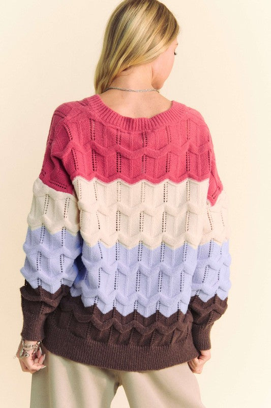 Davi & Dani Wavy Texture Color Block V-Neck Sweater - Brittney MADE