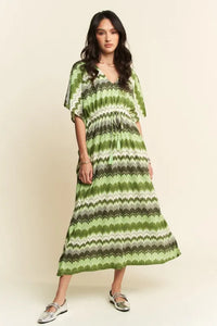 Davi & Dani Multi Color Wavy Tie Waist Flowy Sleeve Dress - Brittney MADE