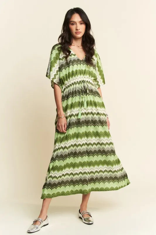 Davi & Dani Multi Color Wavy Tie Waist Flowy Sleeve Dress - Brittney MADE