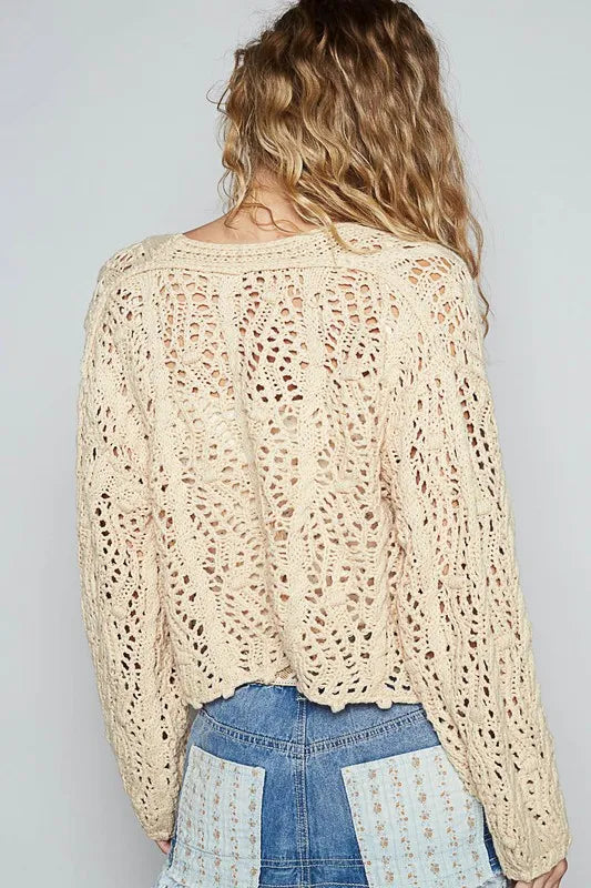 POL Cable-Knit Openwork V-Neck Button Up Cardigan - Brittney MADE