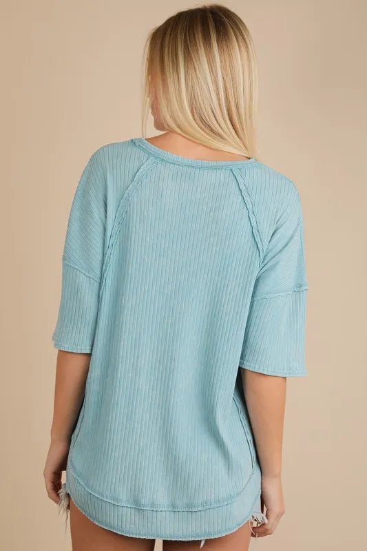 VERY J Mineral Washed Ribbed Knit Casual Top - Brittney MADE