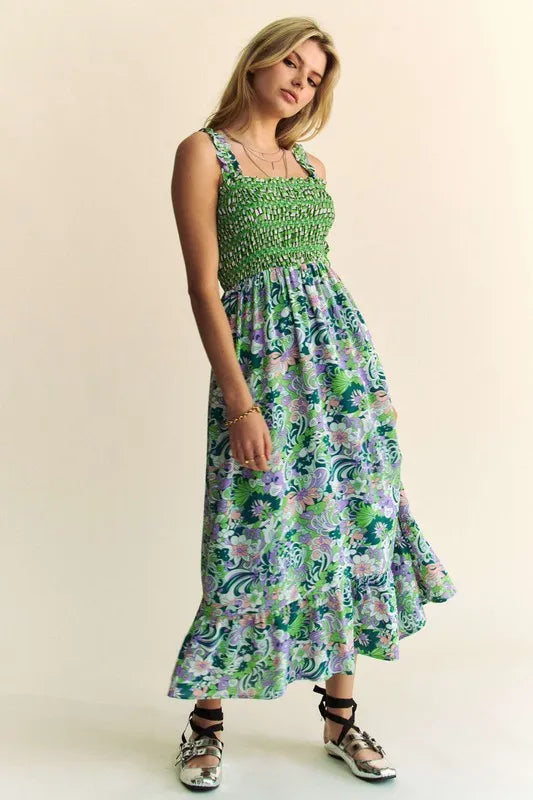 Davi & Dani Multi Smocked Bodice Geo Ruffle Strappy Midi Dress - Brittney MADE