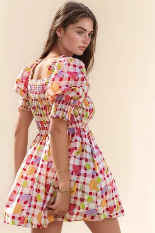 Davi & Dani Fruits Printed Smocking Mini Dress - Brittney MADE